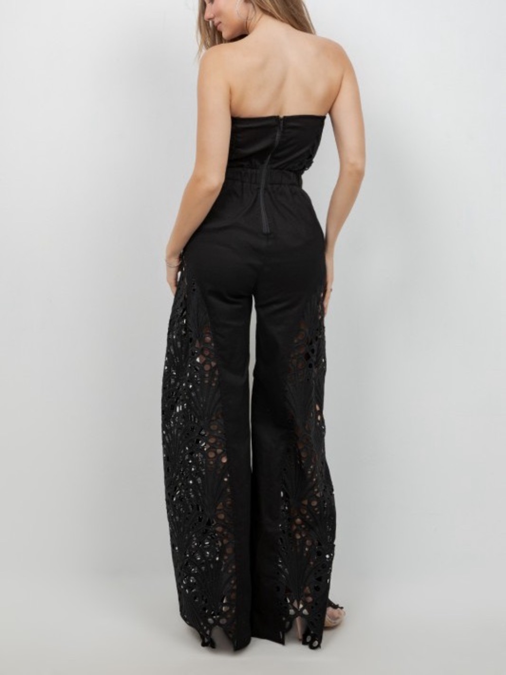 Strapless Black Crochet Wide-Leg Jumpsuit - Picture 9 of 12
